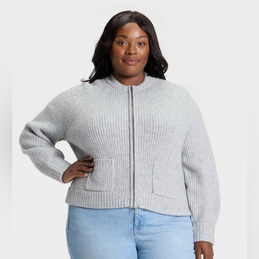 Ava & Viv Women's Double Zip Cardigan Sweater Light Gray
